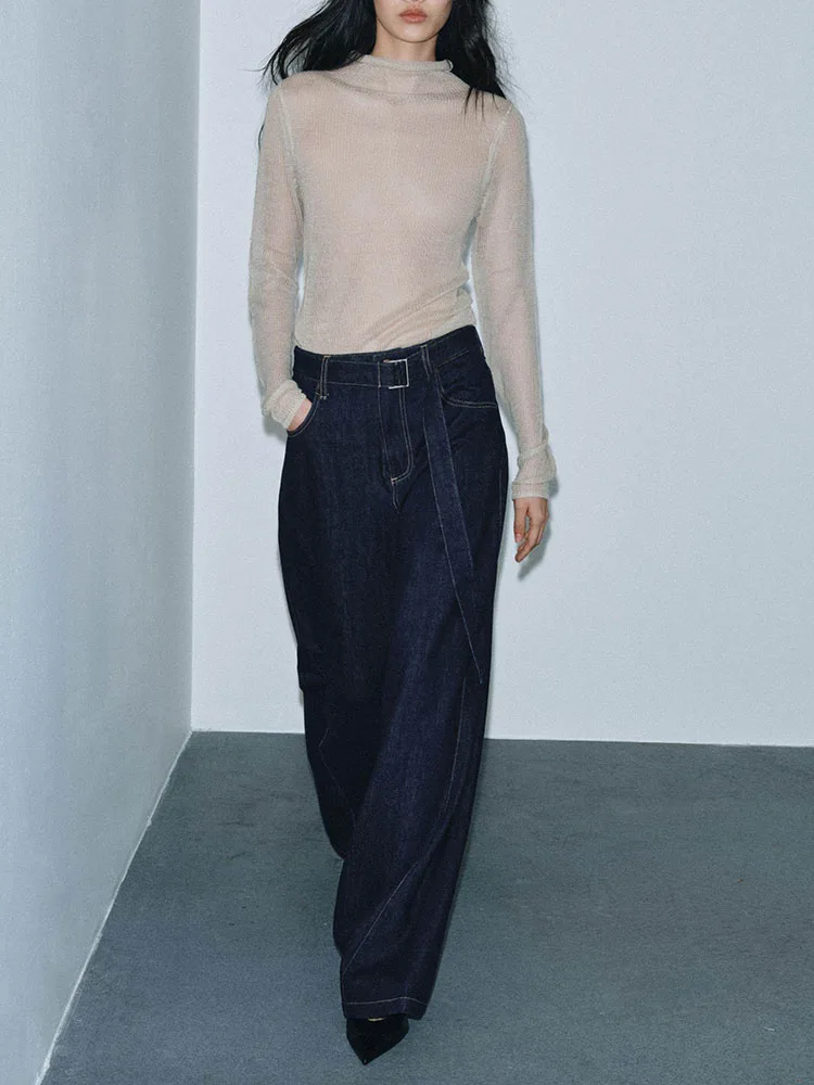 

Женские модные универсальные джинсы с высокой талией и широкими штанинами, с поясом, свободного кроя, весна 2026