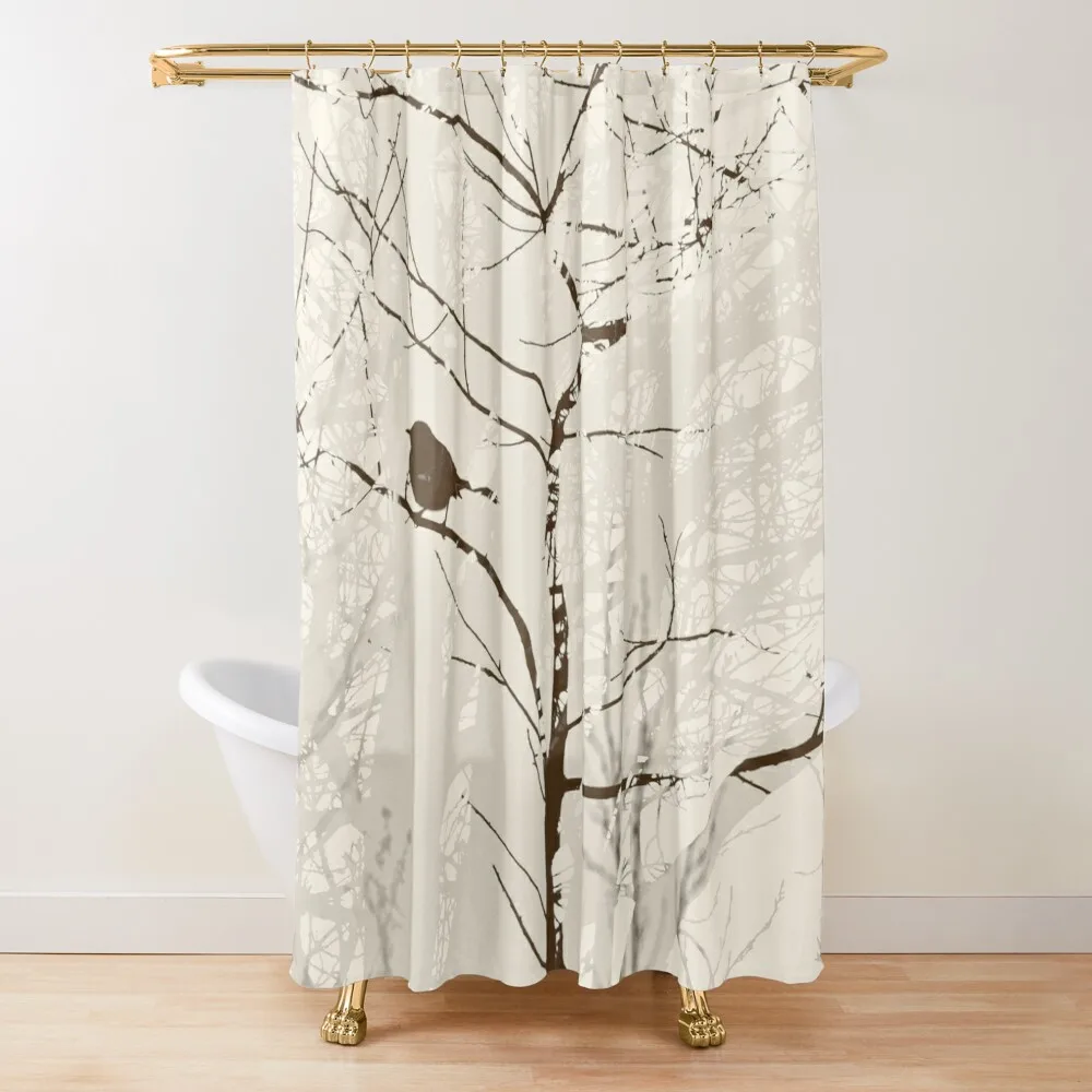 Cortina de ducha con silueta de pájaro en árbol, color marrón chocolate y crema, para cubierta de baño