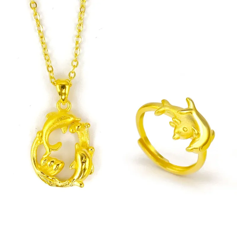 Pure 18K Gold Color Double Dolphin Necklace for Women Bride Wedding Gold Color Trendy Necklaces Chain Fine Jewelry Gifts