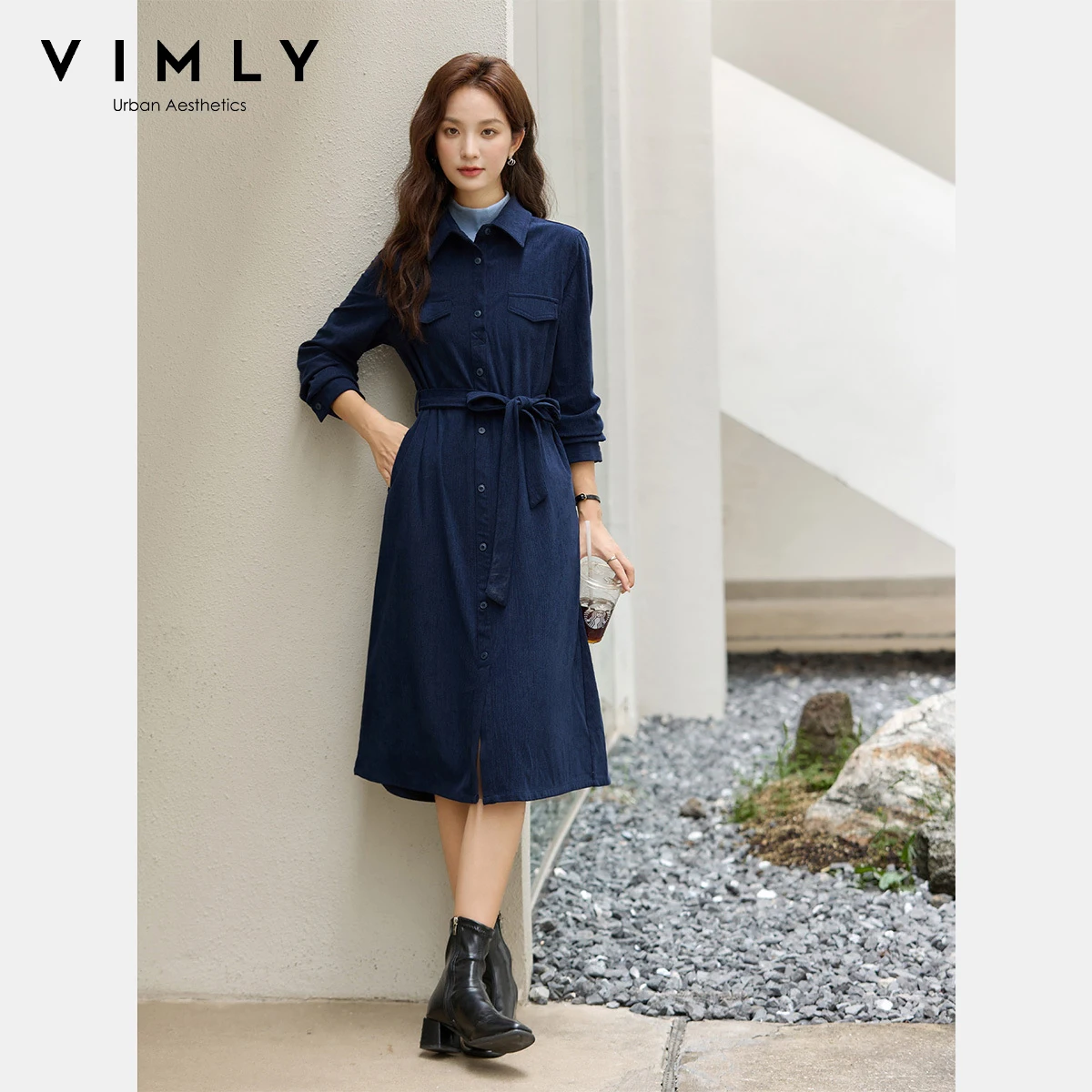 

VIMLY Elegant Woman Dress 2025 Fall New Fashion Patchwork 2 in 1 Midi Female Dresses Sashes Straight Ladies Evening Dress A2589