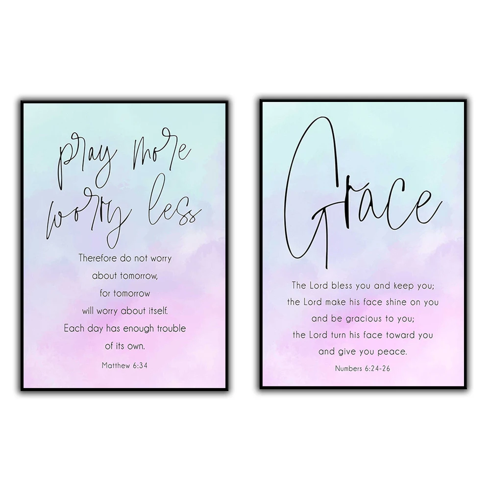 Verse Wall Art Matthew 6:34, Numbers 6 24-26 Pray More & Grace Scripture Watercolor Modern Christian Gift for Women