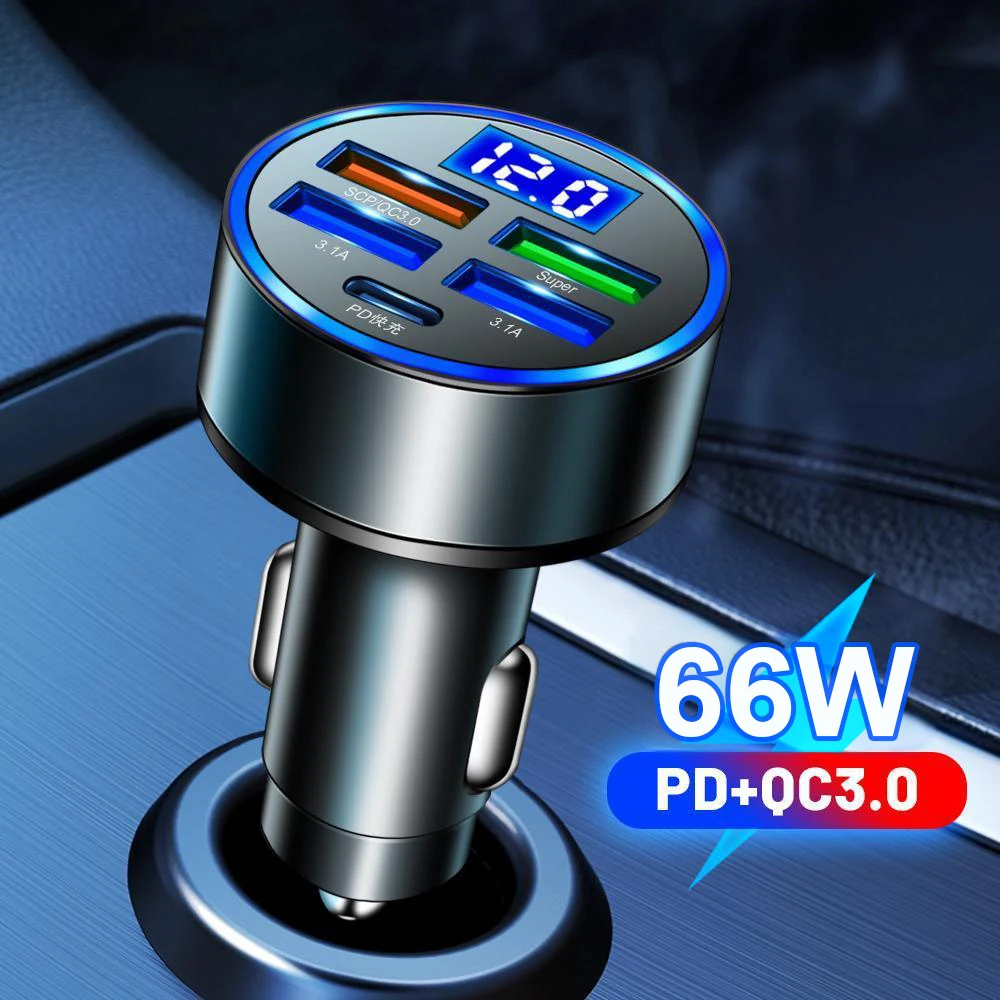 

66W Car Charger QC3.0+PD USB Fast Charging 5-Port 4 USB+1 PD Car Cigarette Lighter Phone Charger Digital Voltmeter