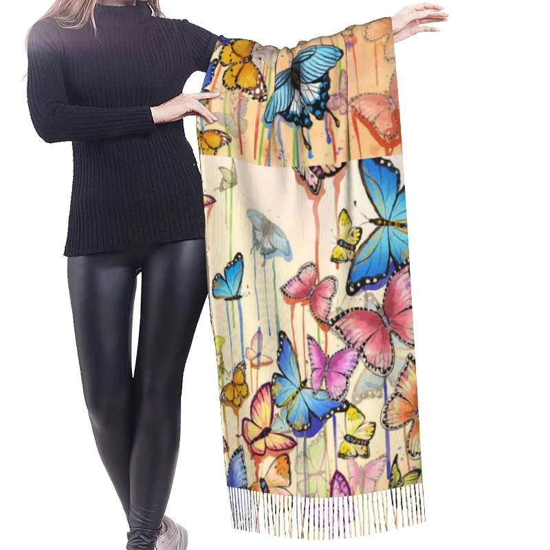 Retro Butterfly Winter Cashmere Scarf Women Luxury Print Female Shawl Wrap Scarves Lady Thick Warm Blanket Gift