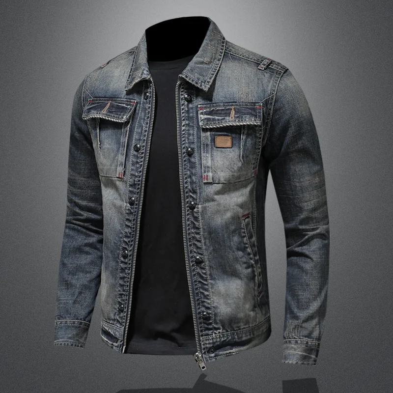 Cross-Border Foreign Trade European Size Personalized Zipper Motorcycle Men's Turn-Down Collar Denim Jacket Trendy Retro