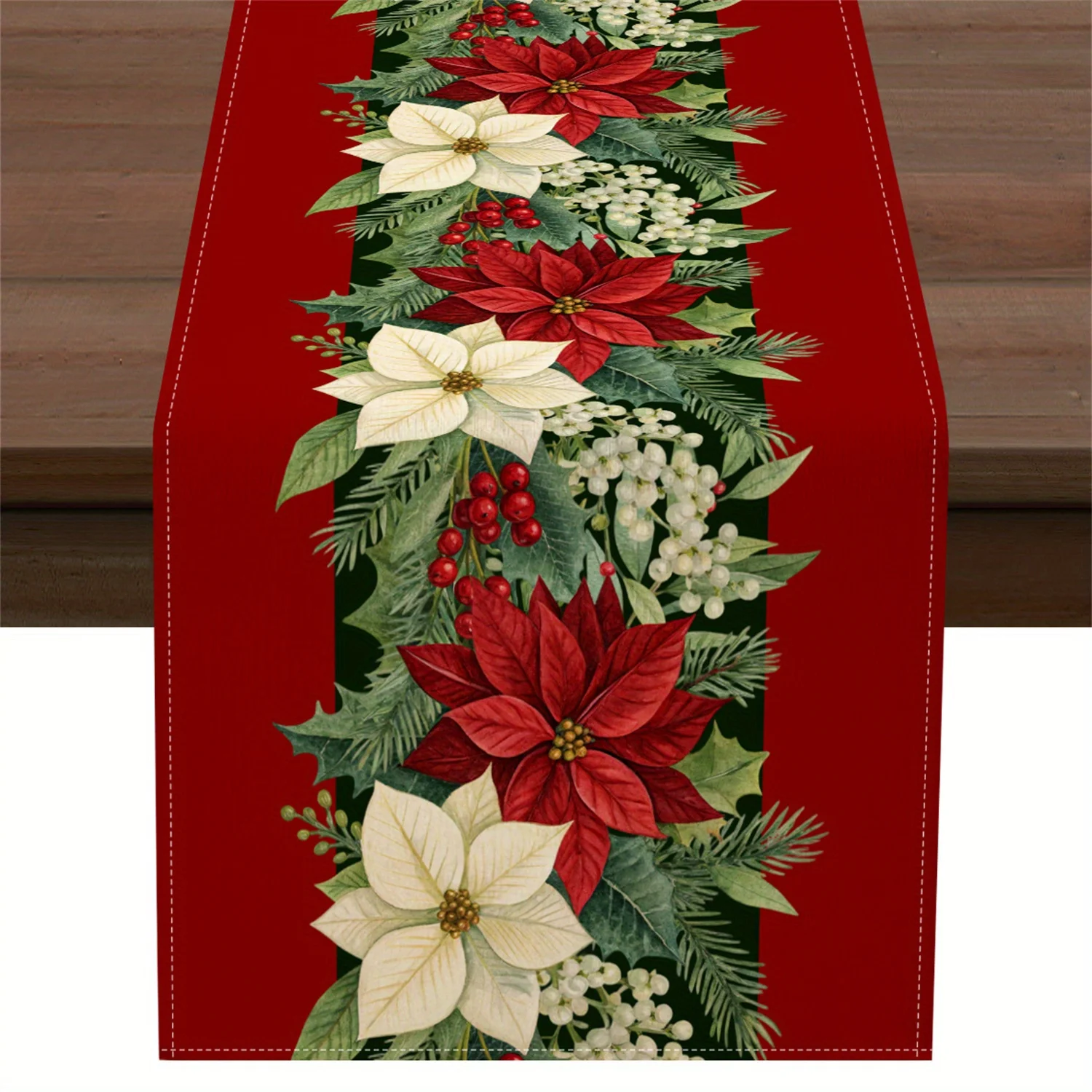 Merry Christmas Poinsettia Holly Berry Linen Table Runner Party Decor Washable Winter Dining Table Runners Christmas Decorations