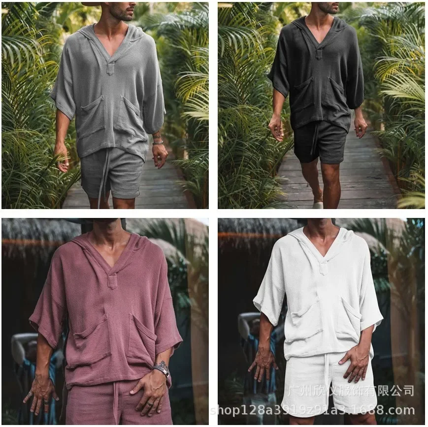 Men's Summer Fashion Loose Solid Linen Material Casual Two Piece Set Half Sleeve V-Neck Top Daily Casual Shorts Suits