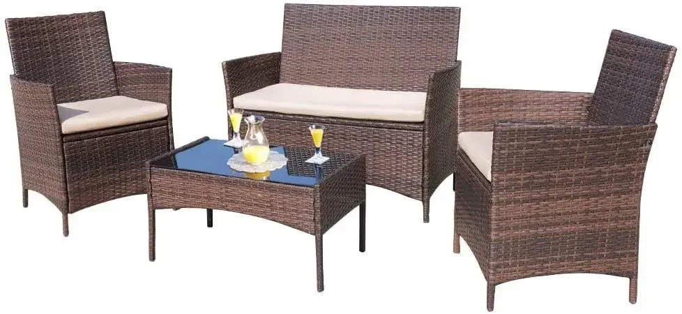 4 Pieces Outdoor Patio Furniture Sets Rattan Chair Wicker Set, Outdoor Indoor Use Backyard Porch Garden Poolside Balcony Furnitu