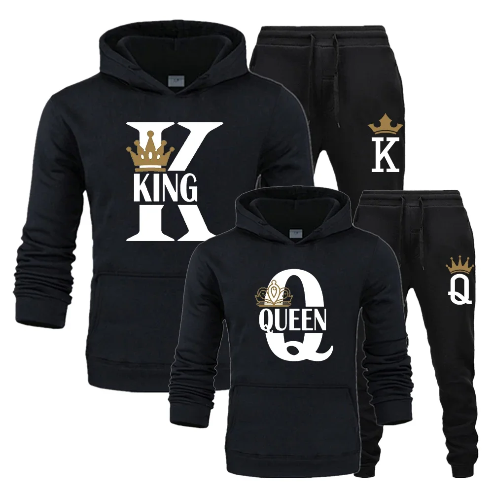 Lovers Couple KING QUEEN Print Hoodie Suits 2 Piece Hoodie and Pants Men Women Hoodie Set Tops Classic Fashion Sportwear Outfit