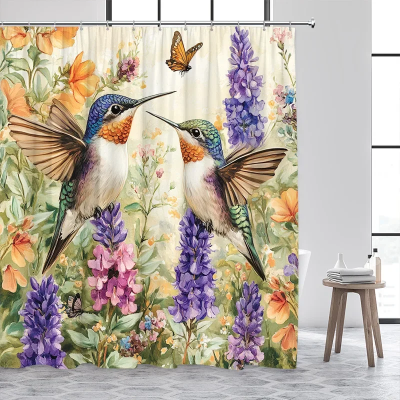 Hummingbird Shower Curtain Watercolour Floral Purple Lavender Butterfly Plant Polyester Fabric Bathroom Curtain Decor With Hooks