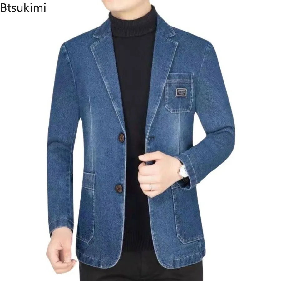 Jaket Setelan Denim Musim Semi Musim Gugur Pria Baru 2025 Jaket Jeans Kerah Setelan Mantel Kelas Atas Tren Pakaian Pria Kasual Pria Barat Tunggal