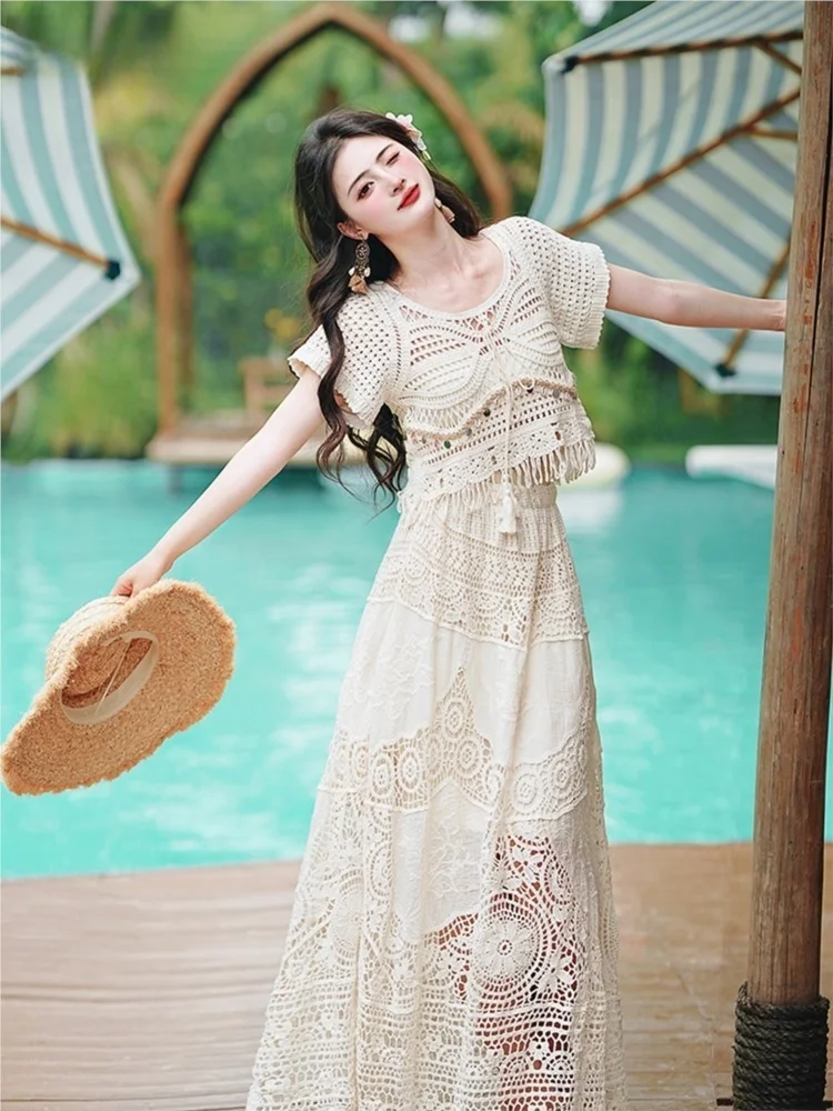 Vacation-style hook-patterned top loose skirt and two-piece set