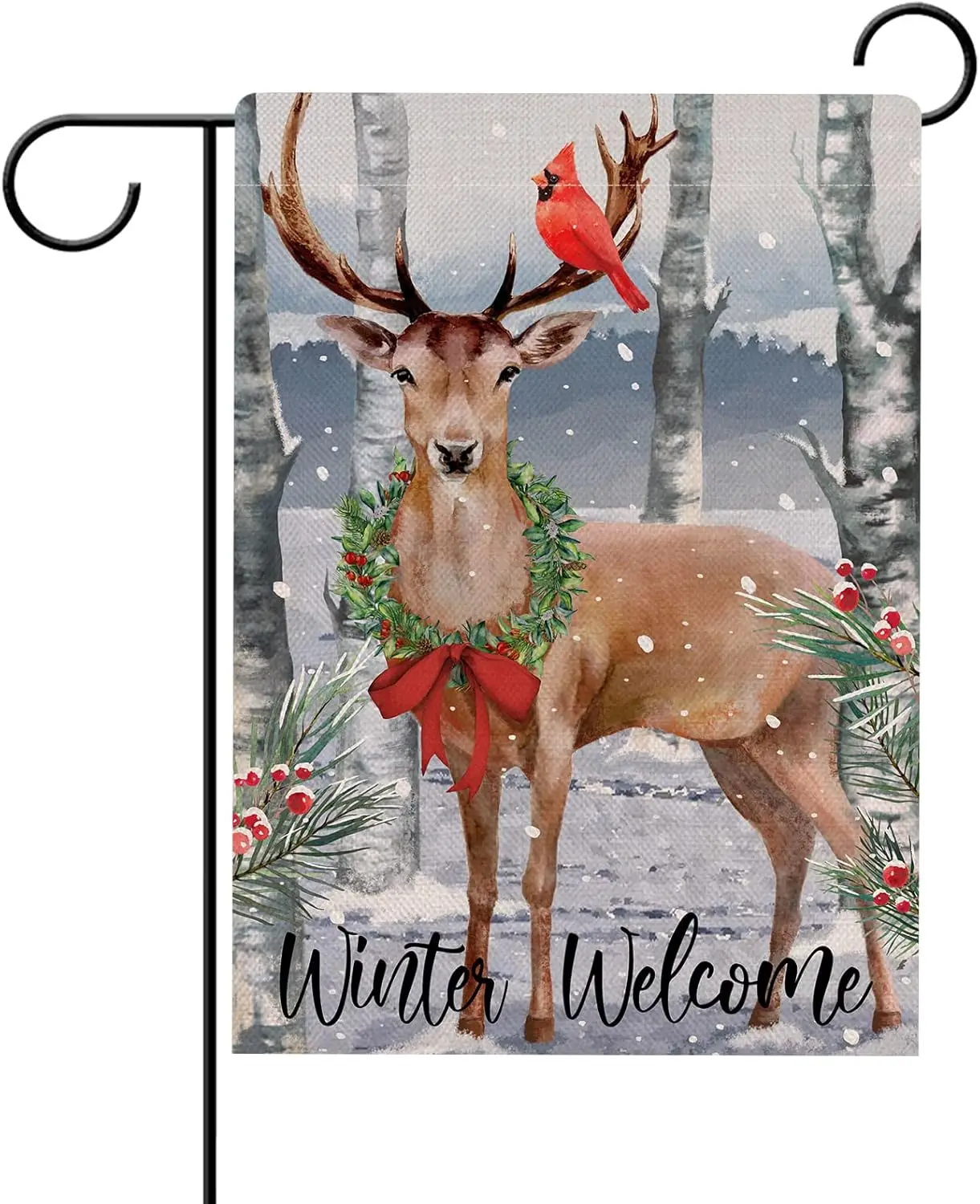 Hzppyz Winter Welcome Reindeer Cardinal Antler Snow Garden Flag, Red Bird Wreath Decorative House Yard Berries White Birch Tree