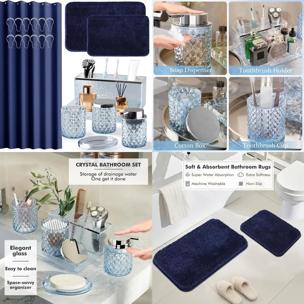 

Blue Glass 20-Piece Bathroom Accessory Set with Shower Curtain and Rugs, Dispenser, Dish, Cup, Qtip Jar, Toothbrush Holder for S