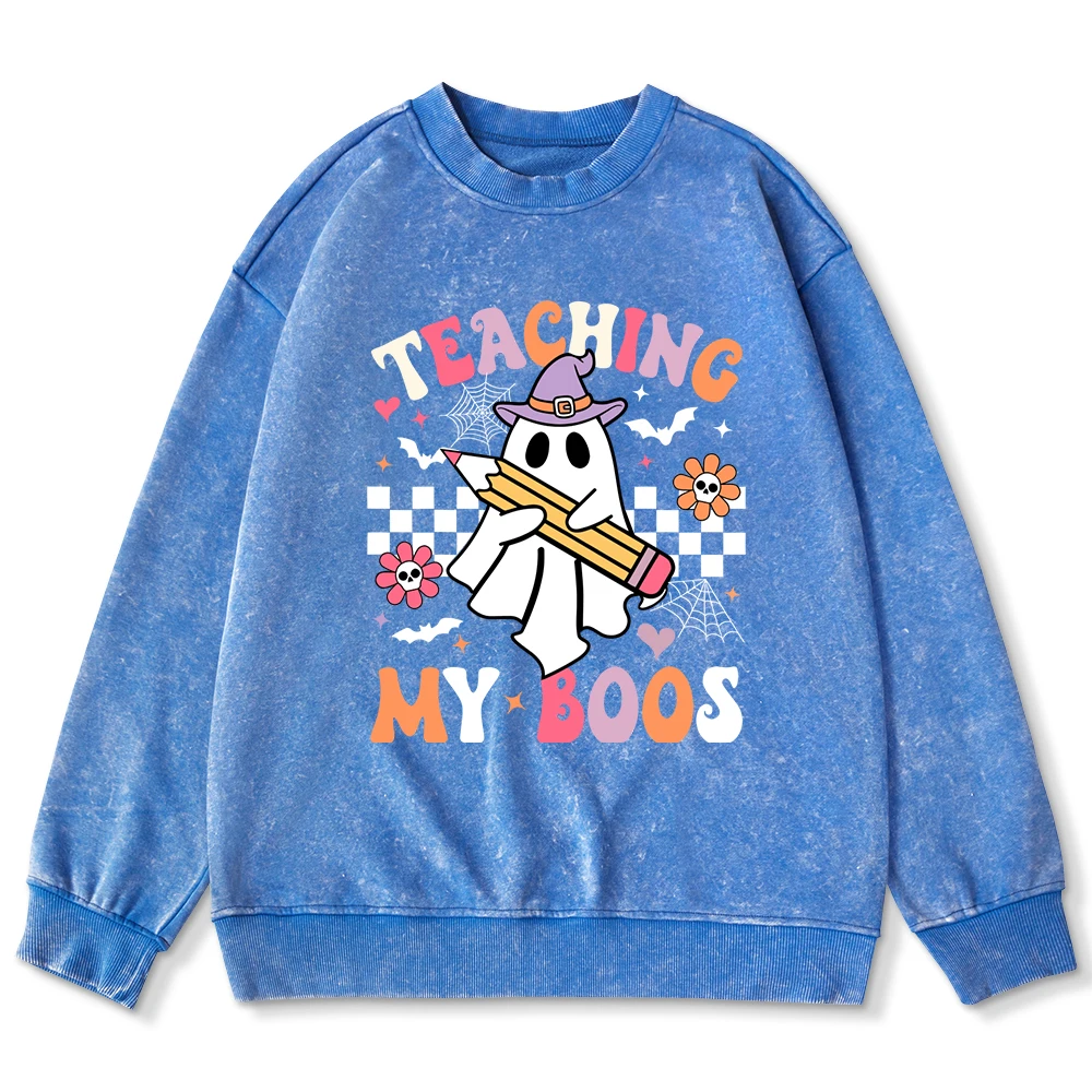 

Ghost Teaching My Boos Word Print Women Streetwear Fashion Washed Sweatshirt Loose Cotton Pullovers All-Match Casual Top Woman