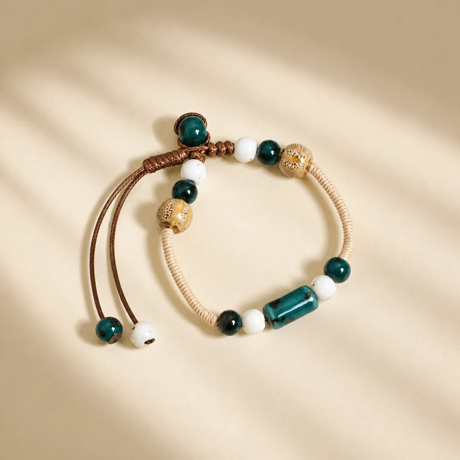 Green Speckled Ceramic Bead Bracelet Handwoven Waxed Cord Adjustable Handmade Cylinder Watermelon Beads 608P10-08