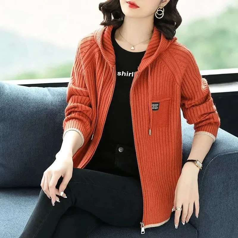 Women's Hoodie with Spring and Autumn New Knitted Zipper Sweater Cardigan Baseball Uniform Jacket