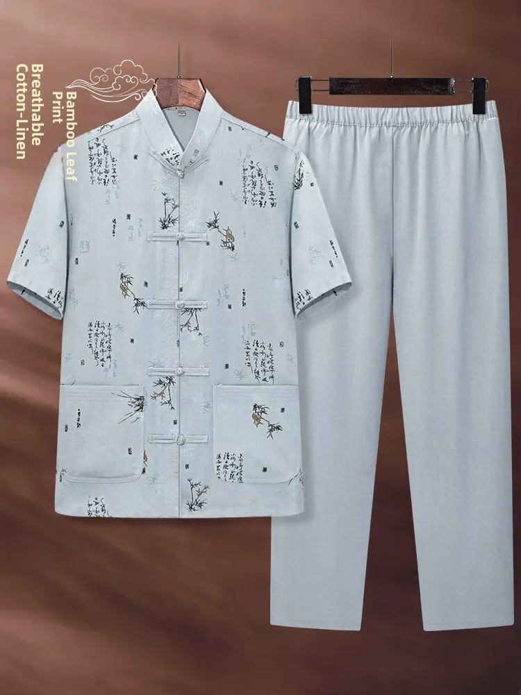 メンズコットンリネン半袖スーツカジュアル軽量夏服中高年のお父さんや祖父向け