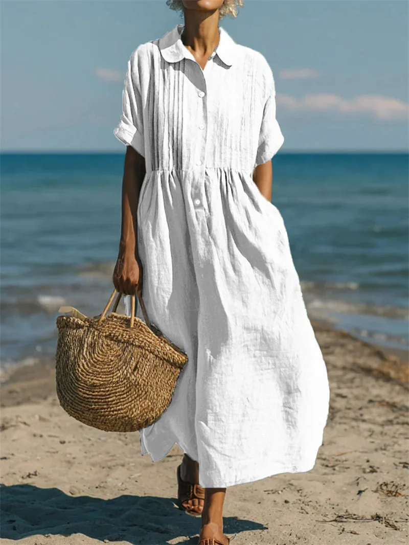 Women Simple Style Solid Color Cotton Linen Dresses Lapel Pleated Short Sleeve Sundress Summer Casual Beach Vacation Long Dress view 5