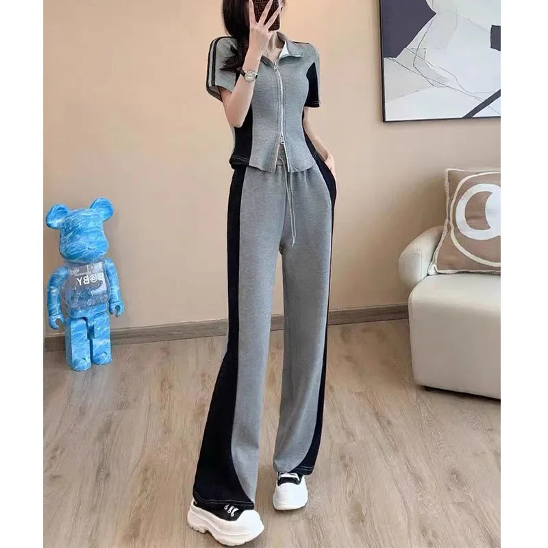 

Fashion Young Motion Matching Sets Women Summer Loose Korean High Waist Short Sleeve Trousers Casual Panelled Two Piece Suit