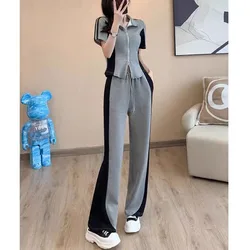 Fashion Young Motion Matching Sets Women Summer Loose Korean High Waist Short Sleeve Trousers Casual Panelled Two Piece Suit