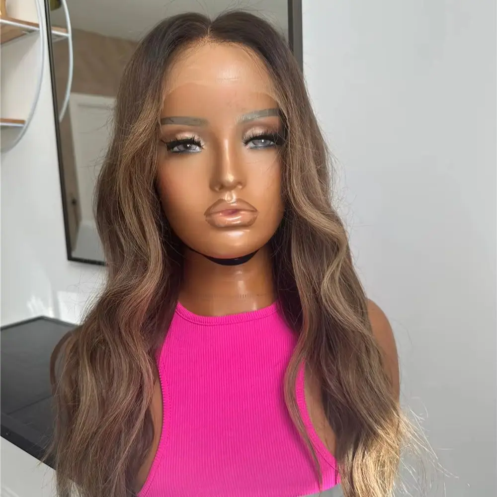 Ladies Wig Middle Parting Ombre Chocolate Brown 13*4 Synthetic Hair Loose Wave Luxury Human Hair 5% HD Lace Front Wig for Women