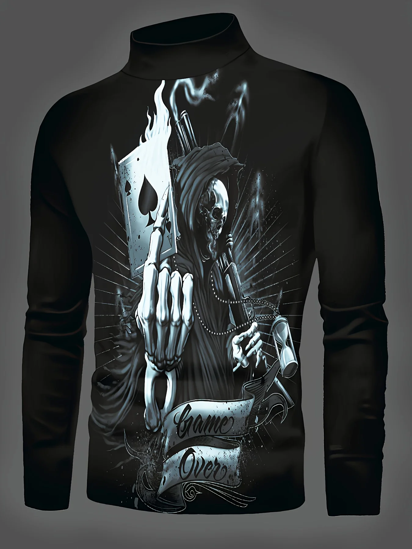 Men's autumn and winter long-sleeve casual mid-neck T-shirt with a Grim Reaper holding a ♠A playing card print, suitable for cas