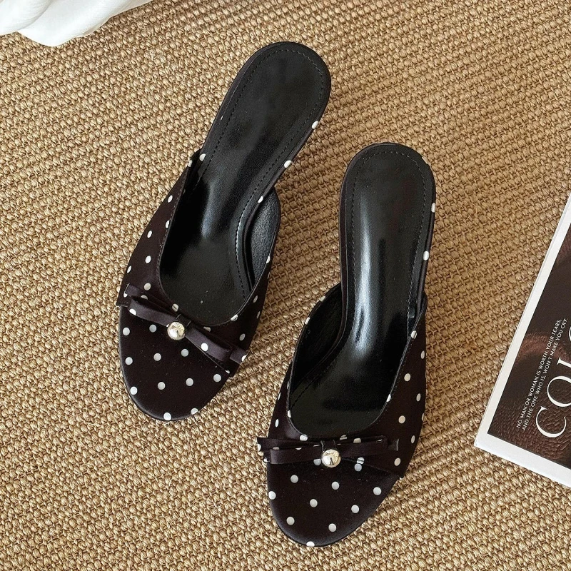 Woman Slippers Elegant Stripper Thin Heels Ladies Mules Slides Shoes Zapatos De Mujer 2026 New Summer Polka Dot Open Toe