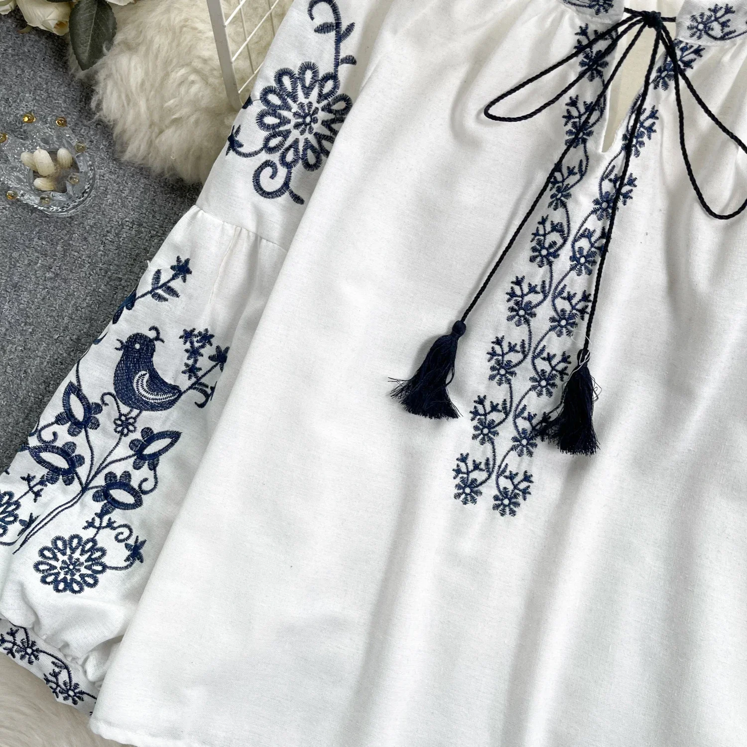 Damen-Bluse im Vintage-Ethno-Stil, Rundhalsausschnitt, lange Ärmel, bestickt, Baumwolle, Hanf, Pullover, lässiges Oberteil für den Herbst