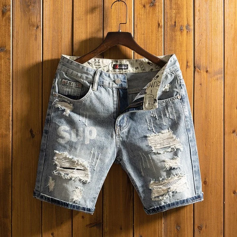 

Summer New Fashion Trend Solid Color Perforated Straight Leg Denim Shorts Men's Casual Loose Sports Elastic High-Quality Jeans