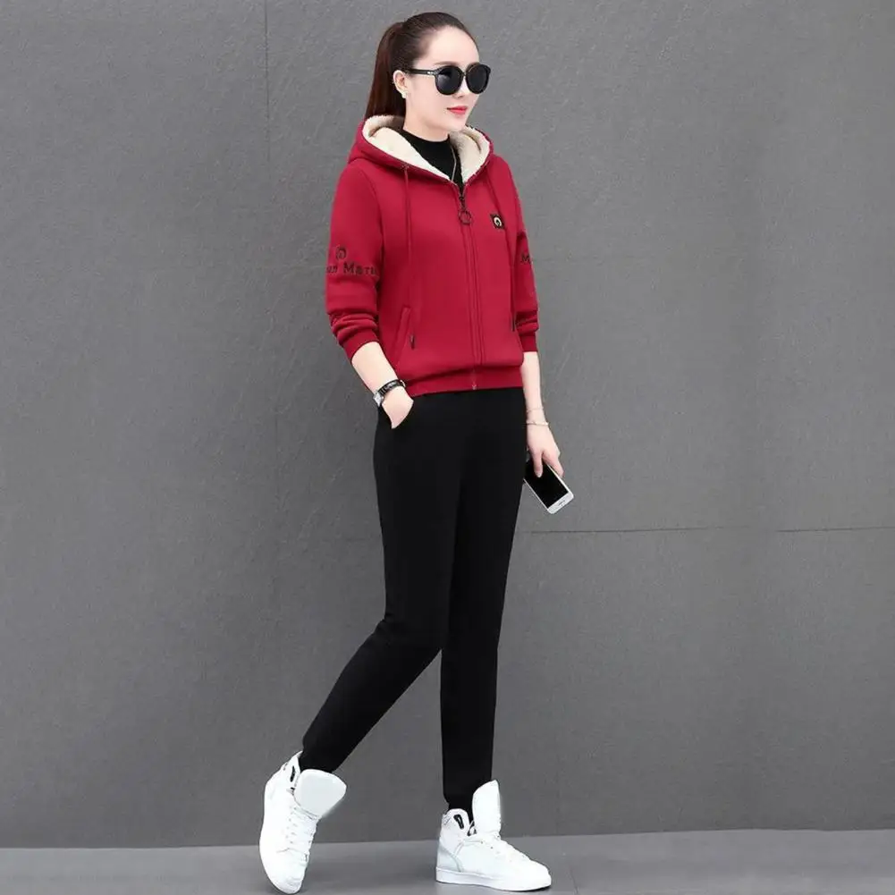 

Warm Women Pants Stylish Women's Winter Tracksuit with Hooded Coat Drawstring Pants Plush Embroidery Cozy Trendy Functional