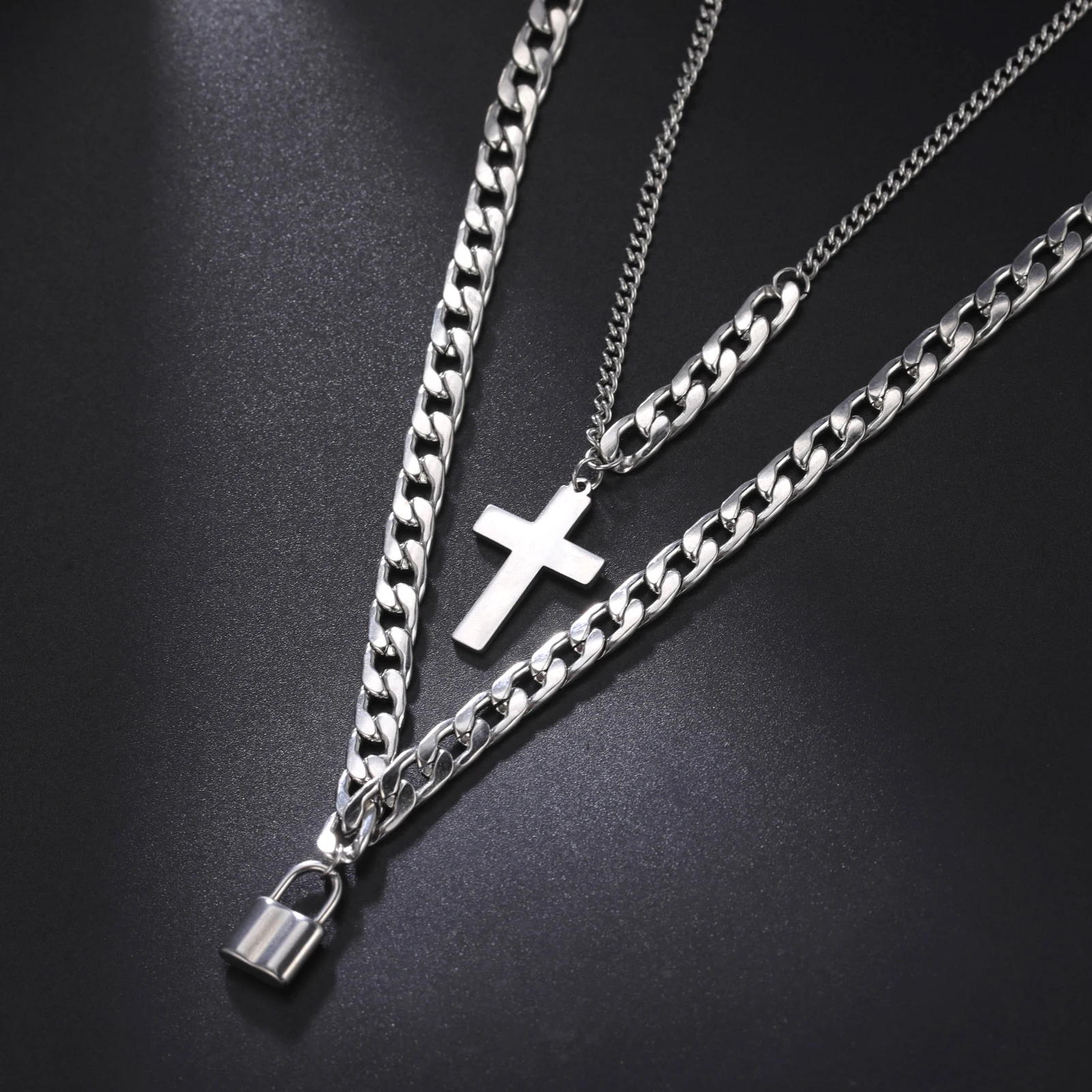 Hip Hop Cross Padlock Pendant Necklace Stainless Steel Double Layer Necklace for Men Women Trend Jewelry Party Gift