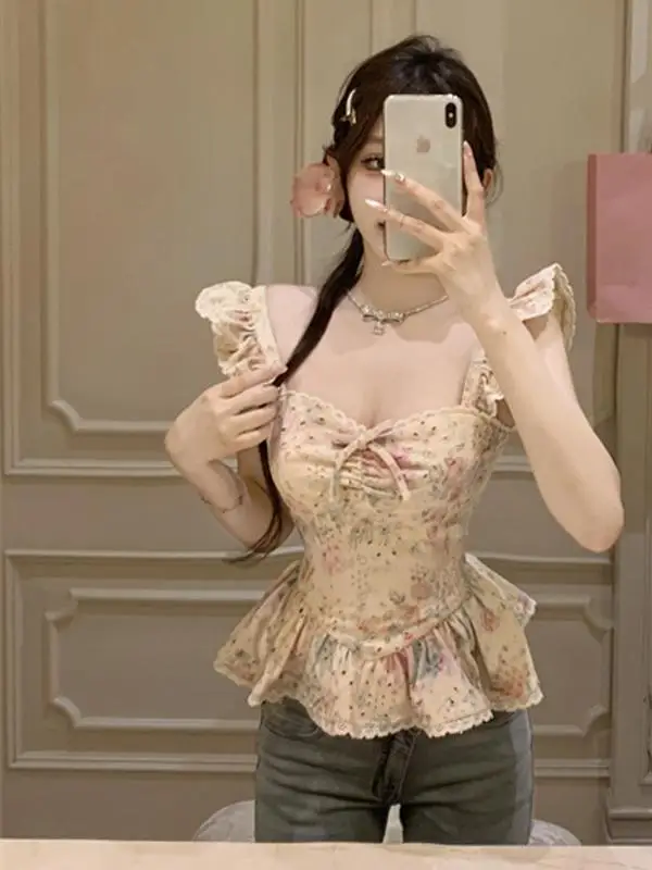 

Unique Beautiful Floral Print Shirt French Style Short Sleeve Knot Neckline Slim Fit Summer Top for Young Women