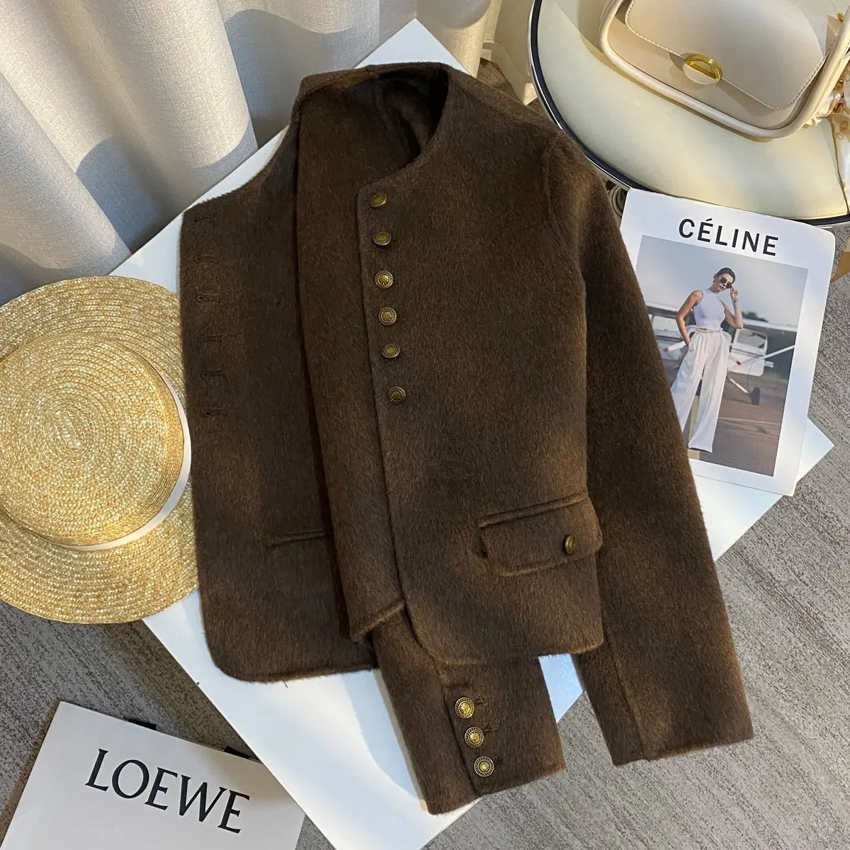 Women's Spring Autumn New Fashion Ins Coffee Color Women's Short Woolen Coat Simple Jackets