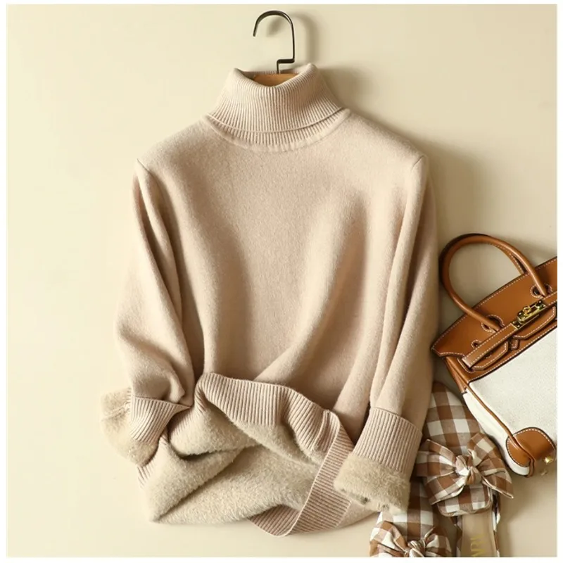 

Winter Turtleneck Sweater Women Oversize Imitation Mink Lined Pullover Thicken Warm Knit Tops Soft Slim Knitwear Jumper New N203