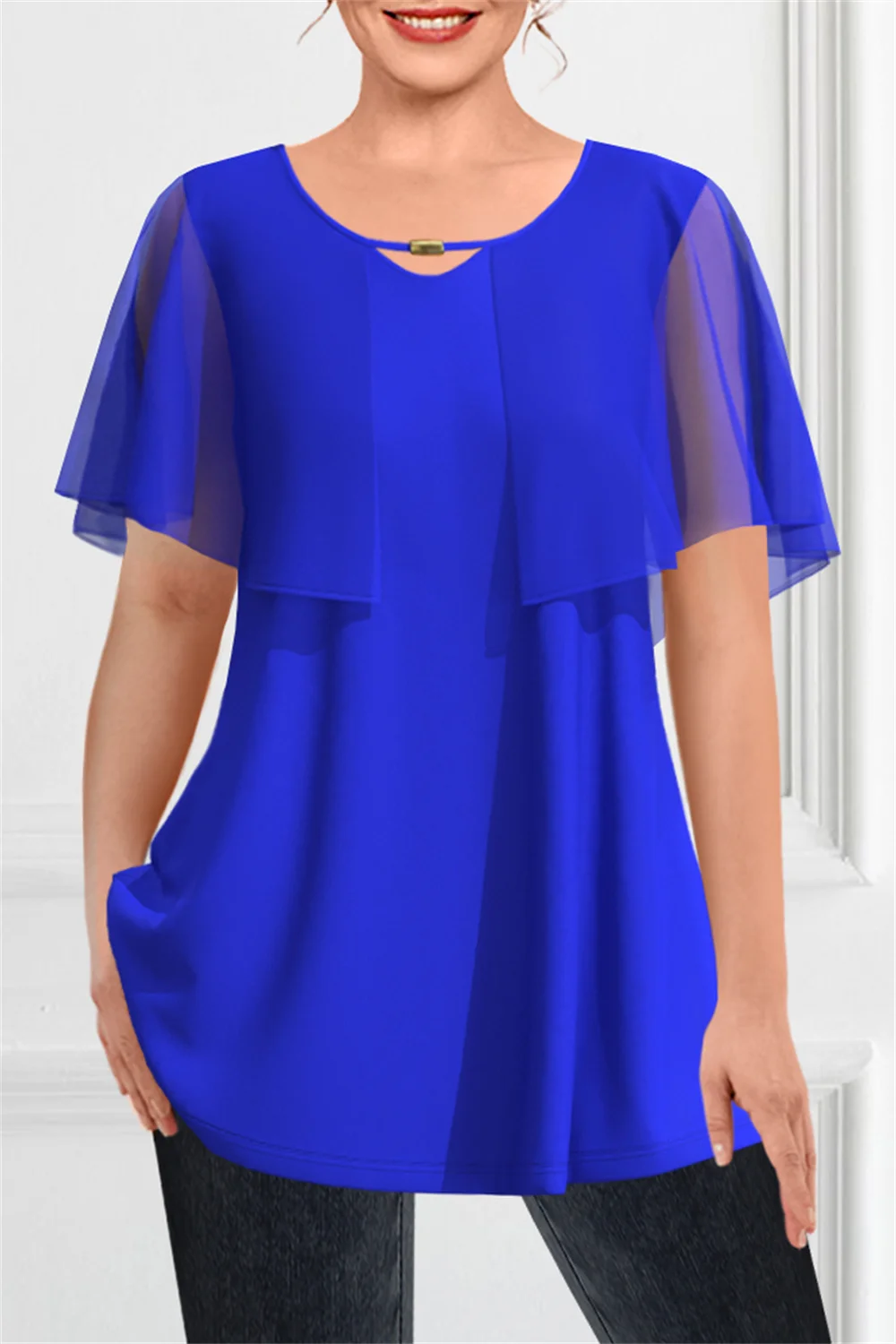 Plus Size Dressy Royal Blue Chiffon Flutter Sleeve Double Layer Cut Out Fake Two Pieces Blouse