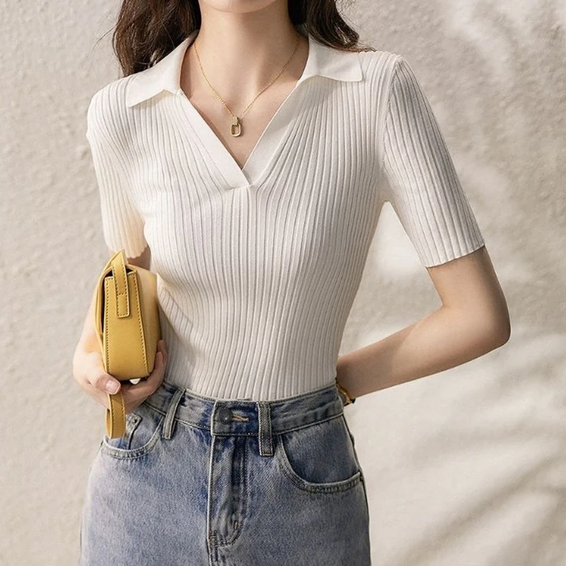 Five-point sleeve ice silk bottoming shirt women's new  short-sleeved women's new POLO collar top  shirts for women