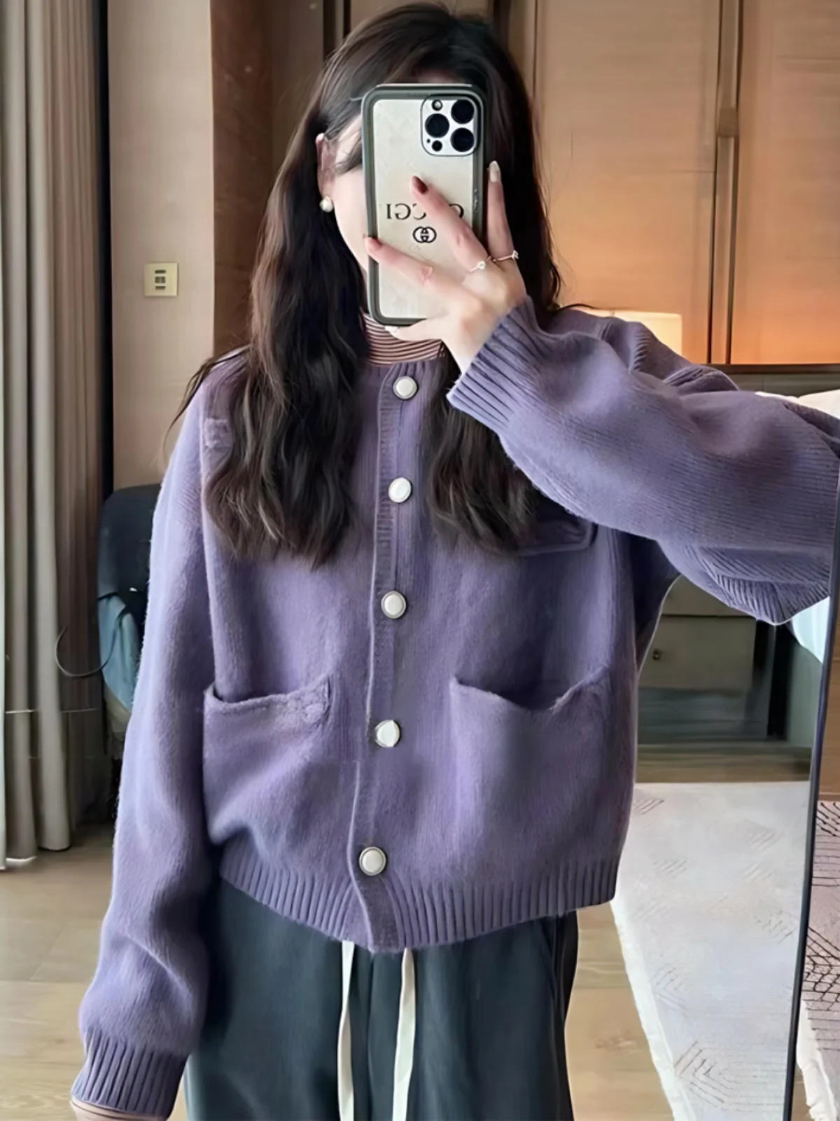 

Loose Women's Korean Sle Knitted Sweater Coat Purple Single Button ket Cardigan Spring Autumn Faionable Top
