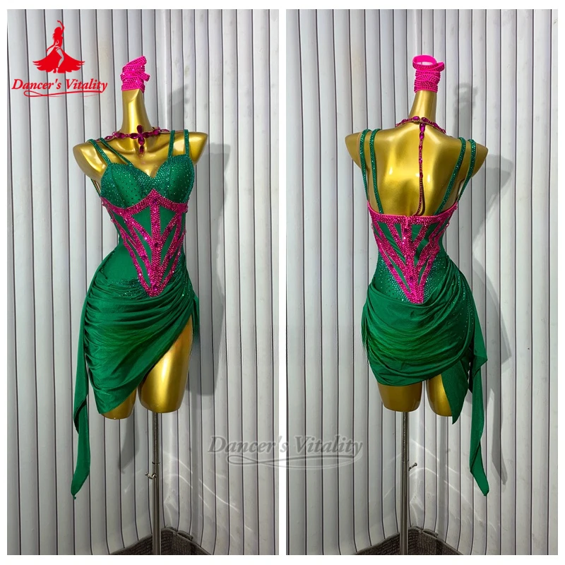 

Танцевальный фестиваль Блэкпула, латинские платья с открытой спиной цвета зеленой розы, индивидуальный костюм танцовщицы, чача, самбы, сальсы