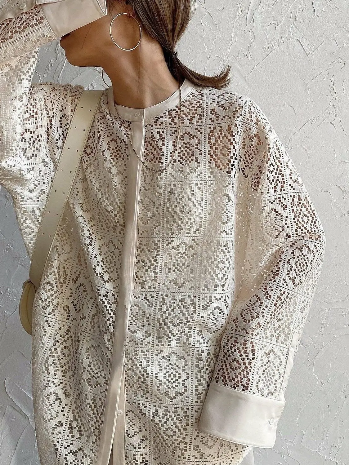 

Korean Sle Lace Hollow out Knitted Cardigan Sun Protection Loose Fit Long Sve round Ne Women's irt Breathable Casual...