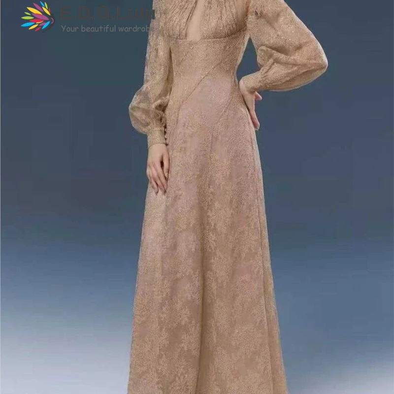 EDGLuLu  French Retro Stand Collar Hollowed Lantern Sleeves Long Dresses Woman 2026 Mesh Embroidery Lace Dresses 1015