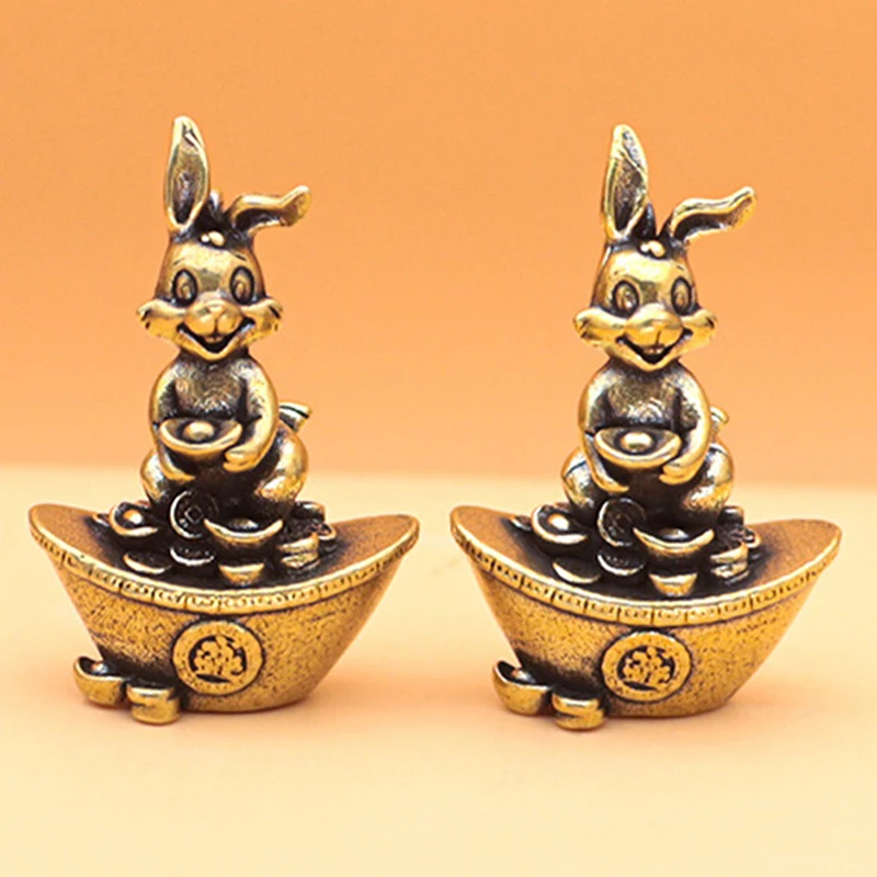 1PC Chinese Brass Lucky Rabbit Zodiac Figurines Desktop Small Ornament Key Chain Pendant Figurine Decoration Craft Gift Brass