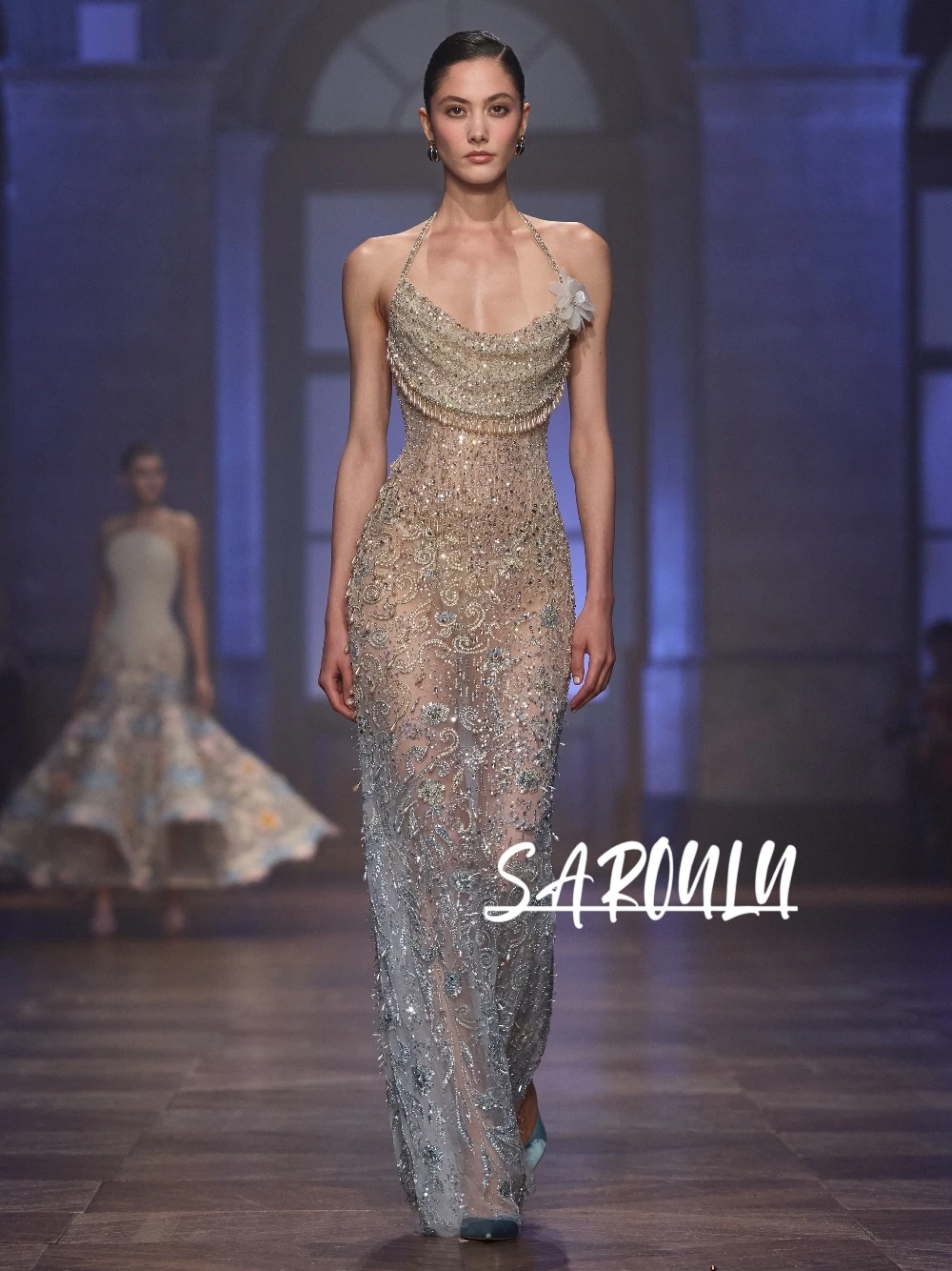 Opulent Gradient Beads Evening Gown Shimmering Spaghetti Strap Cowl Neck Tassel Fringe Prom Dress Customized Formal Events