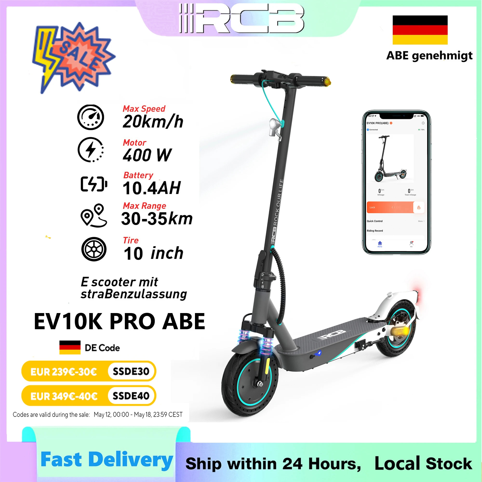 RCB EV10K PRO ABE Elektroroller-App-Steuerung, 10'' faltbarer 400-W-Elektroroller für Erwachsene,