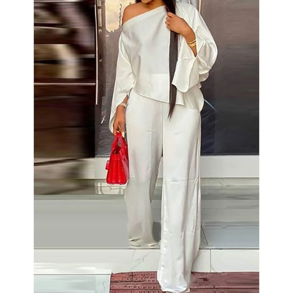 Spring Summer New Seven Point Sleeve Shirt Women Fashion Diagonal Shoulder Casual Elegant Wide Leg Trousers Home Wear 2piece Set