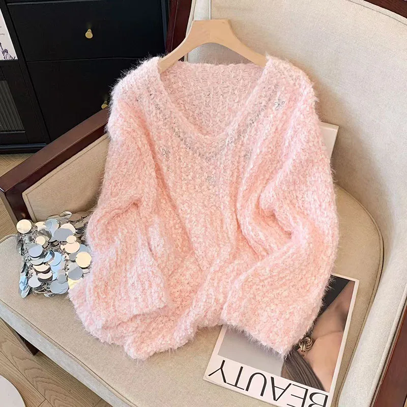 

Female Casual Oversized Sweater V-neck Long Sleeve Pullovers For Autumn and Winter Versatile Solid Color Simple Knitting Tops