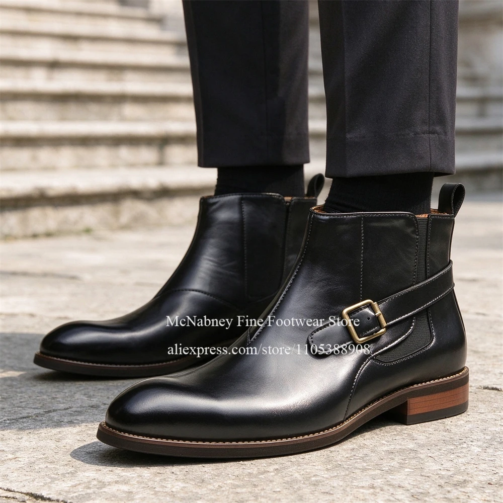 Buckle Strap Elastic Side Mens Ankle Chelsea Boots Round Toe Slip on Block Heel Ankle Boots Business Office Casual Daily Autumn