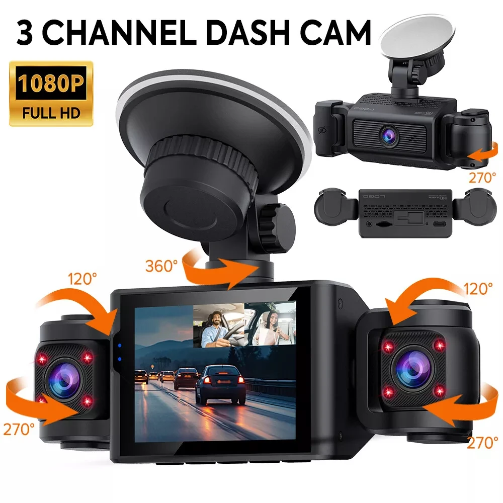 3 Channel Car DVR HD 1080P 3-Lens Inside Vehicle Dash CamThree Way Camera DVRs Recorder Video Registrator Dashcam Camcorder