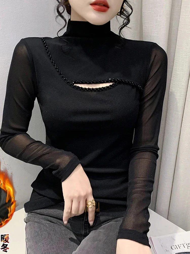 

Winsleter Elegant Basic Clothes Tshirt Long Sleeve Tees Winter Women Thicken Fleece Mock Necks Diamonds Slim Mesh Tops T30032JC