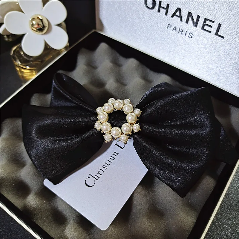 High-quality pearl satin bow hairpin female back head headdress simple temperament small fragrance ponytail hair accessories