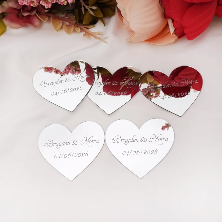 6cm Custom Wedding Name Mirror Small Heart Personalized Acrylic Sticker Invitation Cards Party Decor Favor Bridal Gift
